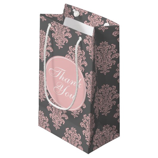 Petit Sac Cadeau Fille rose et gris Damas Merci (Devant Angle)