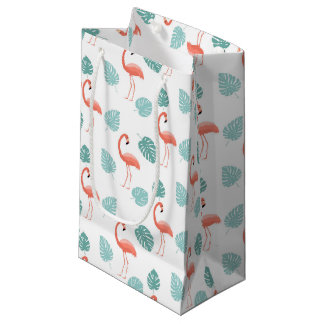 PETIT SAC CADEAU FLAMANTS ROSES ET FEUILLES TROPICALES VERTES