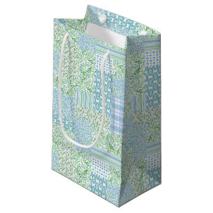 Petit Sac Cadeau Fleurs à perches bleues Vintage Faux Patchwork