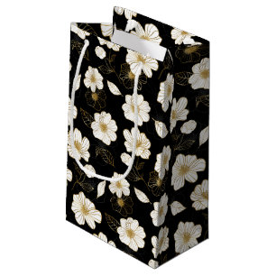 Petit Sac Cadeau Fleurs blanches et dorées sur fond noir
