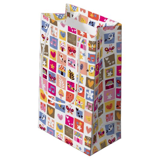 Petit Sac Cadeau fleurs mignonnes, oiseaux, motif de carrés de (Dos Angle)