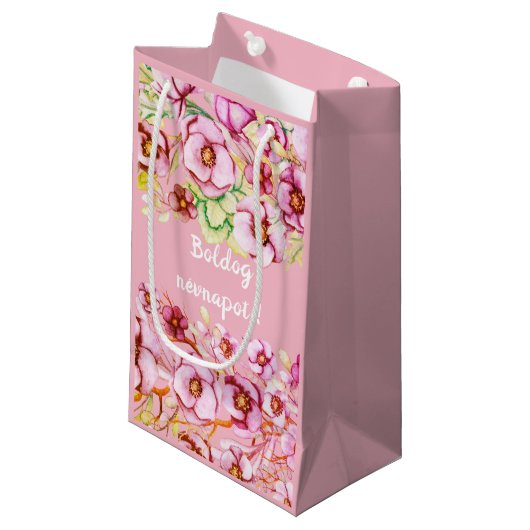 Petit Sac Cadeau Fleurs roses - Jour du nom hongrois (Devant Angle)