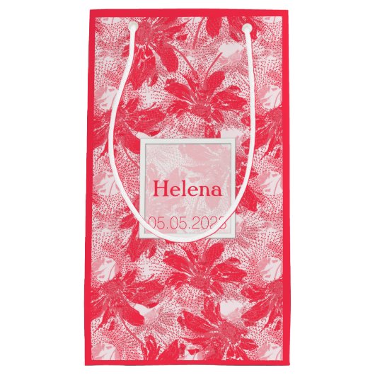 Petit Sac Cadeau Fleurs rouges sur blanc. (Devant)