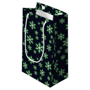 Petit Sac Cadeau Flocons de neige verts et blancs avec fond bleu