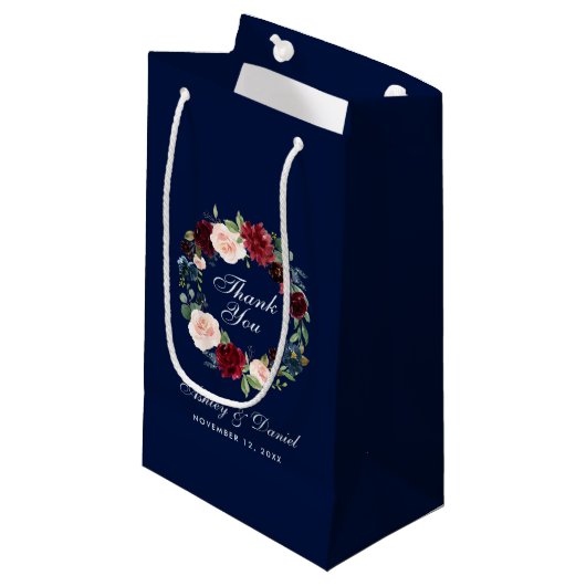 Petit Sac Cadeau Floral Bourgogne bleu Mariage Merci (Devant Angle)