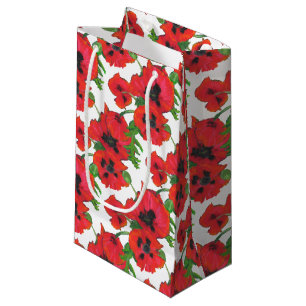 Petit Sac Cadeau Flore de pavots orientaux rouges sur blanc pour Cu