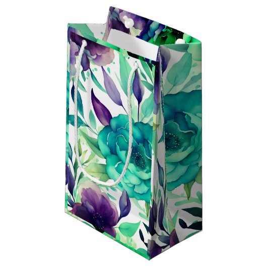 Petit Sac Cadeau Flores d'aquarelle bleu Rose pourpre (Devant Angle)