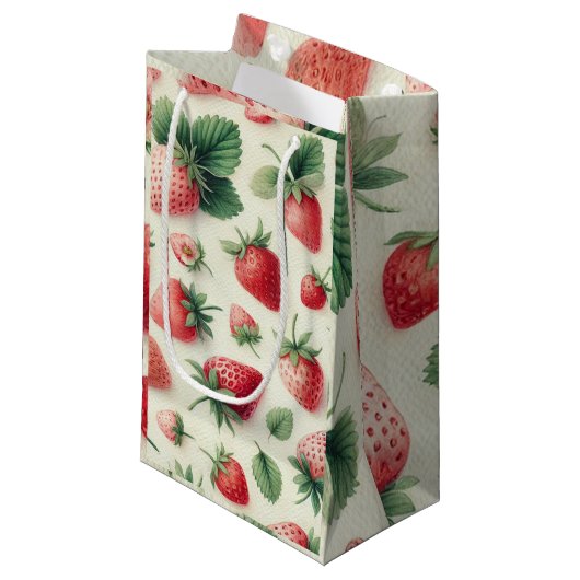 Petit Sac Cadeau Fraises sur baies d'aquarelle crème (Devant Angle)