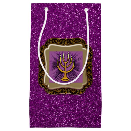 Petit Sac Cadeau Frame Menorah Jaune Parties scintillant Faux Viole (Devant)