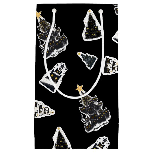 Petit Sac Cadeau Fun chat noir Meowy sapin de Noël (Devant)