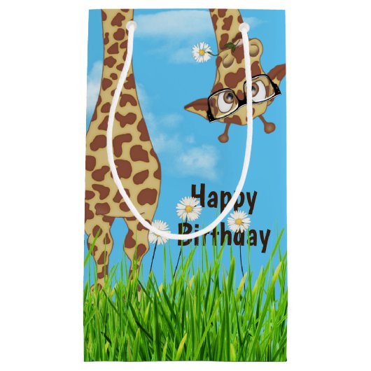 Petit Sac Cadeau Girafe d'anniversaire avec lunettes en herbe (Devant)