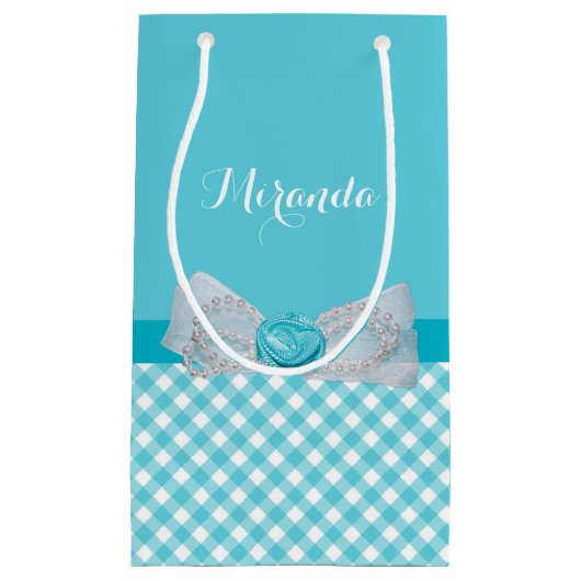 Petit Sac Cadeau Girly Aqua En vichy mignonnes perles Rose Bow avec (Devant)