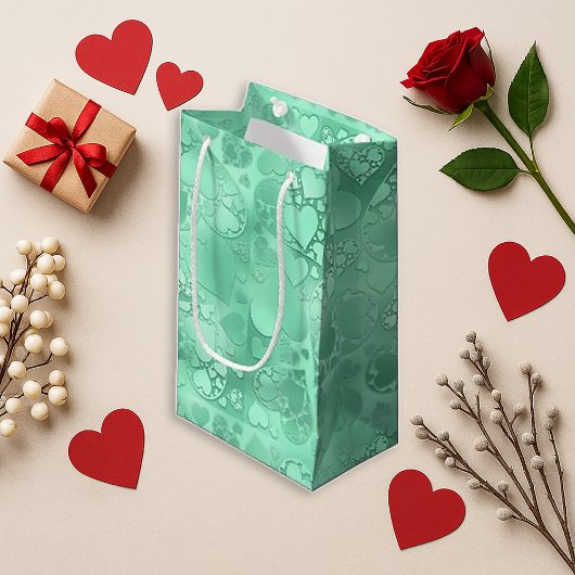 Petit Sac Cadeau Glossy Green Romantic Hearts Pattern