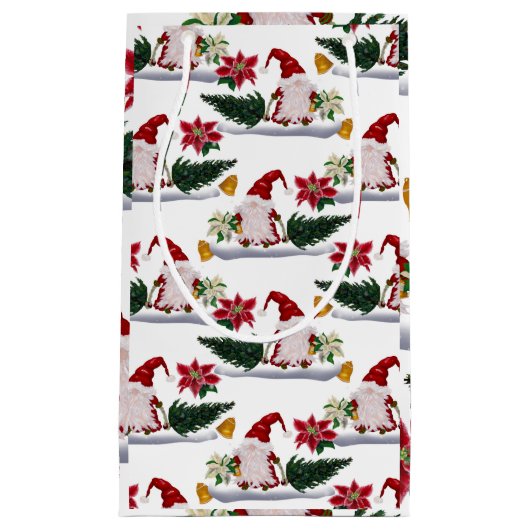 Petit Sac Cadeau Gnomes de Noël festifs, Poinsettia et cloches (Devant)