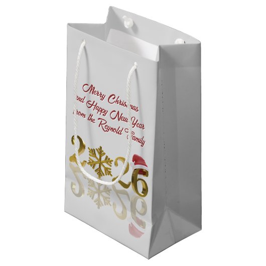 Petit Sac Cadeau Gold Happy New Year 2026 | Snowflake and Santa Hat (Devant Angle)