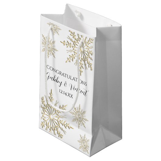 Petit Sac Cadeau Gold Snowflakes - Mariage d'hiver Félicitations (Devant Angle)
