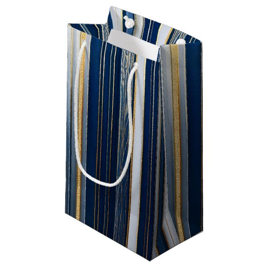 Petit Sac Cadeau Hanoukka Blues Stripes Bleu Blanc Or (Devant Angle)