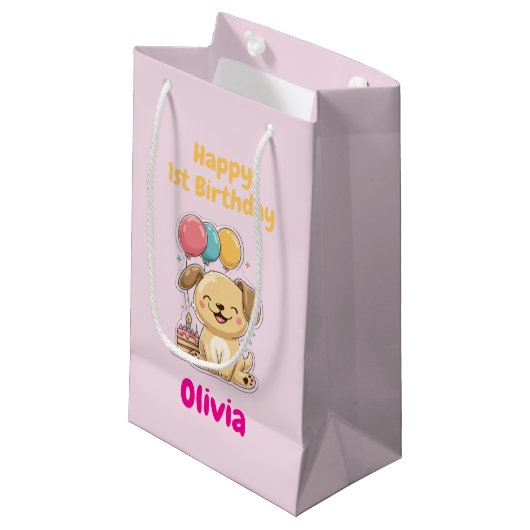 Petit Sac Cadeau Happy 1st Birthday Gift Wrap, Custom Puppy  (Devant Angle)
