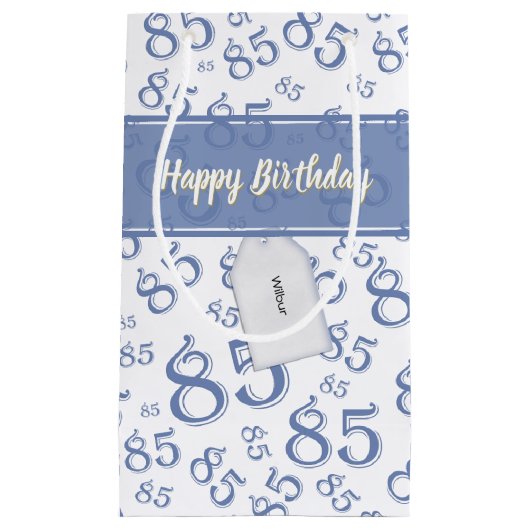 Petit Sac Cadeau Happy 85th Birthday Numéro Motif Bleu/Blanc (Devant)
