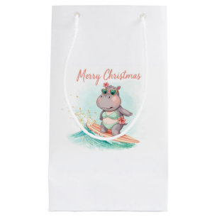Petit Sac Cadeau Hippopotame en bikini Noël Surfing