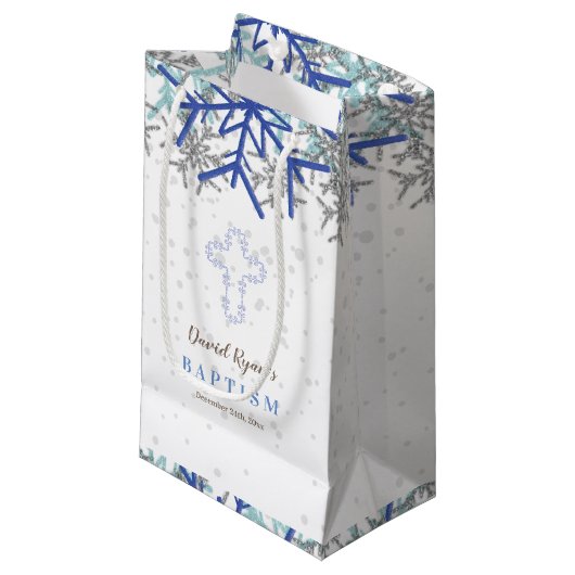 Petit Sac Cadeau Hiver Silver Navy Blue Snowflake Baptism Invitatio (Devant Angle)