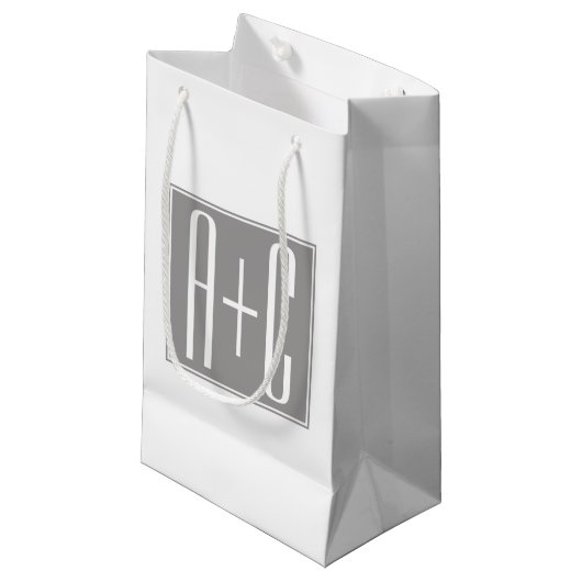 Petit Sac Cadeau Initiales de couple modifiables | Blanc et gris (Devant Angle)