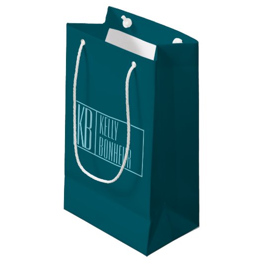 Petit Sac Cadeau Initiales et nom modernes | Sarcelle foncé et bleu (Devant Angle)