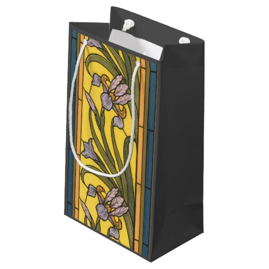 Petit Sac Cadeau Iris Fleur Art Nouveau Vitrail Bleu Or (Dos Angle)