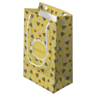 Petit Sac Cadeau Jaune Chic Abeilles et Fleurs Été