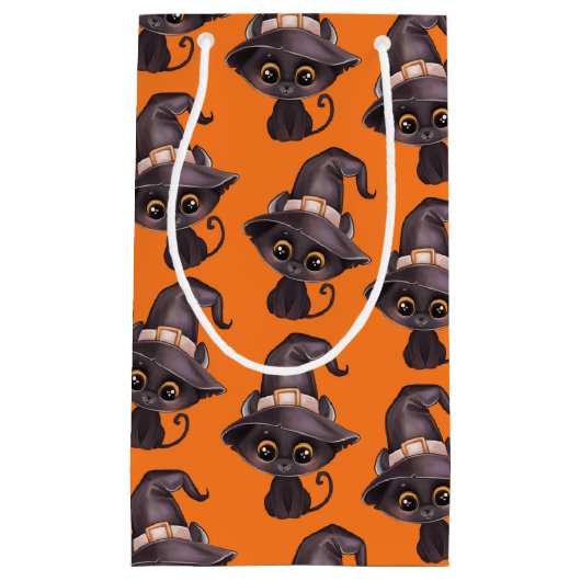 Petit Sac Cadeau Joli chat noir sorcière casquette Halloween orange (Devant)
