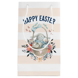 Petit Sac Cadeau Joli lapin en Panier et jolies fleurs de Pâques