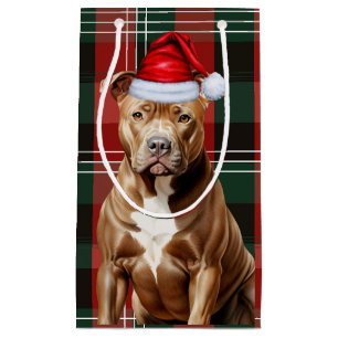 Petit Sac Cadeau Jour de Noël Pit Bull Dog rouge et vert Plaid Noël