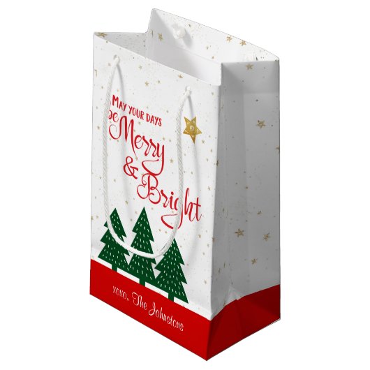 Petit Sac Cadeau Jours Soyez Joyeux Rouge Script Gold Stars Arbres (Devant Angle)