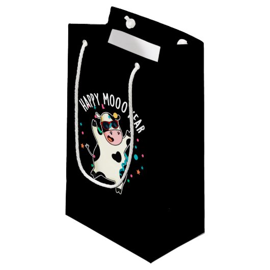 Petit Sac Cadeau Joyeuse Moo Année Funny Cow Pun Dark BG (Devant Angle)