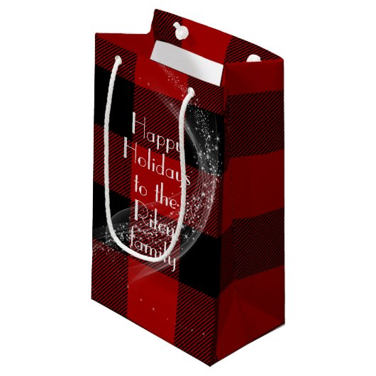 Petit Sac Cadeau Joyeuses vacances rouge noir buffle plaid (Devant Angle)