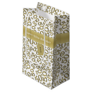 Petit Sac Cadeau Joyeux 50e anniversaire Numéro Motif Or/Blanc