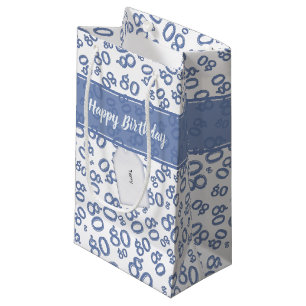 Petit Sac Cadeau Joyeux 80e anniversaire bleu et blanc Motif numéri