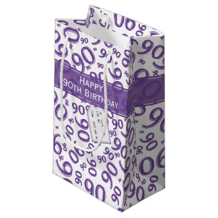 Petit Sac Cadeau Joyeux 90ème Motif de nombres aléatoires violet/bl