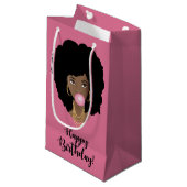 Petit Sac Cadeau Joyeux anniversaire ! Femme noire, Bubblegum, Rose (Devant Angle)