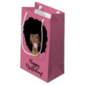 Petit Sac Cadeau Joyeux anniversaire ! Femme noire, Bubblegum, Rose (Dos Angle)