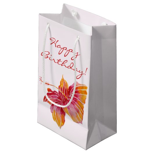 Petit Sac Cadeau Joyeux anniversaire | Fleur d'Hibiscus hawaïen (Devant Angle)