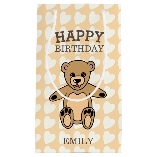 Petit Sac Cadeau Joyeux Anniversaire mignon Ours Teddy avec Coeurs (Devant)