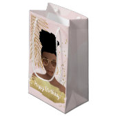 Petit Sac Cadeau Joyeux anniversaire, rose & or, Tropical (Devant Angle)