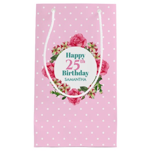 Petit Sac Cadeau Joyeux Anniversaire Rose Rouge Blanc Pétunia Polka (Devant)