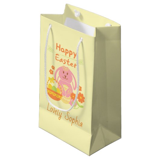 Petit Sac Cadeau Joyeux lapin rose de Pâques (Devant Angle)