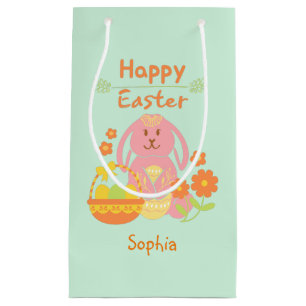 Petit Sac Cadeau Joyeux lapin rose de Pâques et fleurs