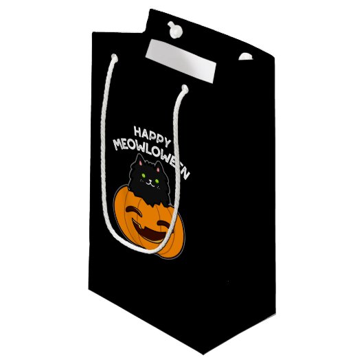 Petit Sac Cadeau Joyeux Meowloween Halloween Chat Noir Pun Dark BG (Devant Angle)