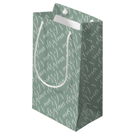 Petit Sac Cadeau Joyeux Motif de Noël Sage Green (Devant Angle)