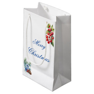 Petit Sac Cadeau Joyeux Noël Baies de houx bleu élégant blanc