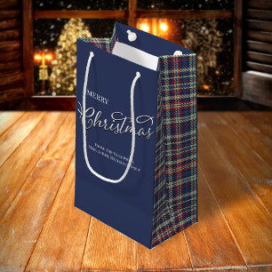 Petit Sac Cadeau Joyeux Noël Calligraphie Script Navy Blue Plaid